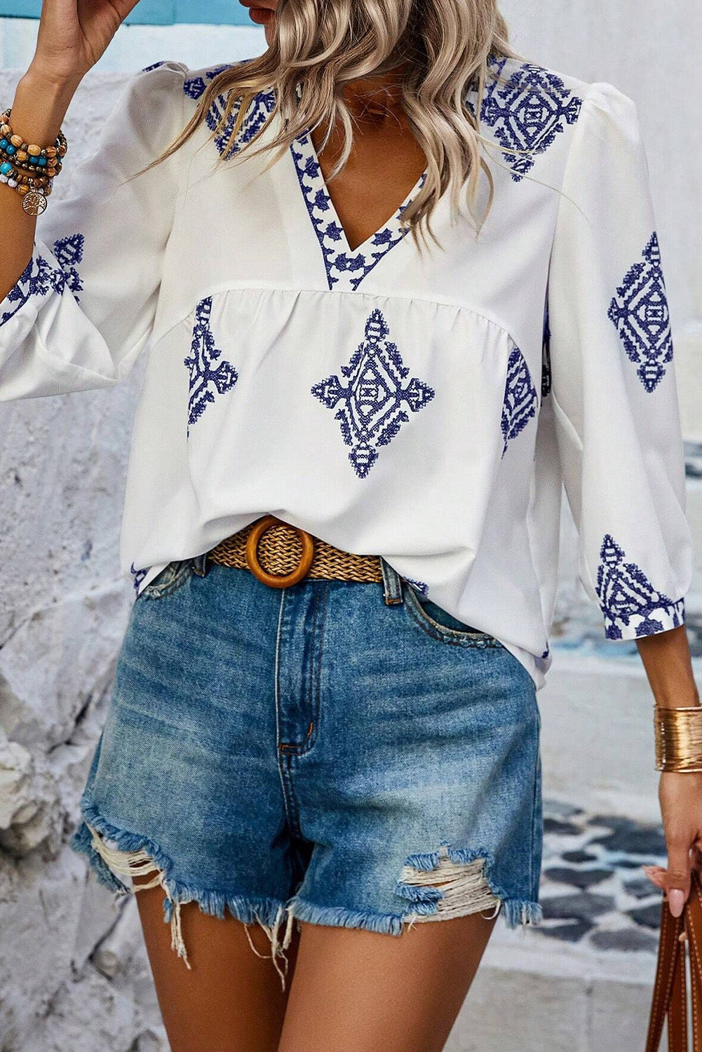 Boho Geometric 3/4 Sleeve Blouse Plus Size