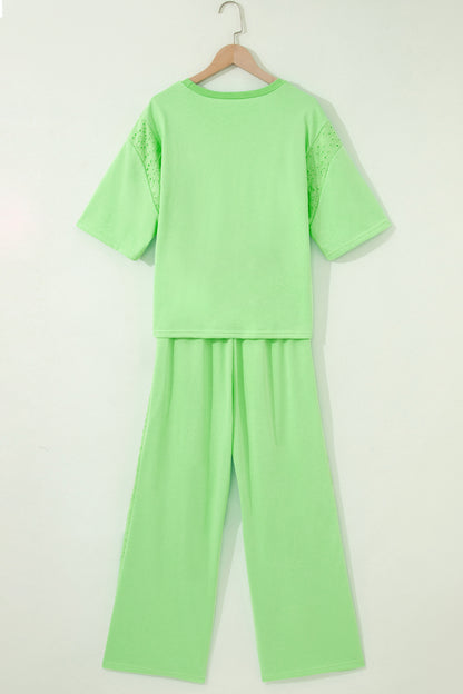 Solid Embroidered Eyelet Patchwork Top & Pants Set