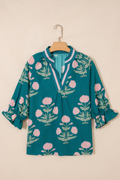 Flower Contrast V-Neck 3/4 Sleeve Blouse