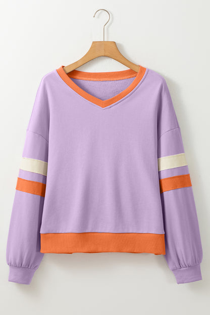 Colorblock Ribbed Knit V-Neck Sweatshirt