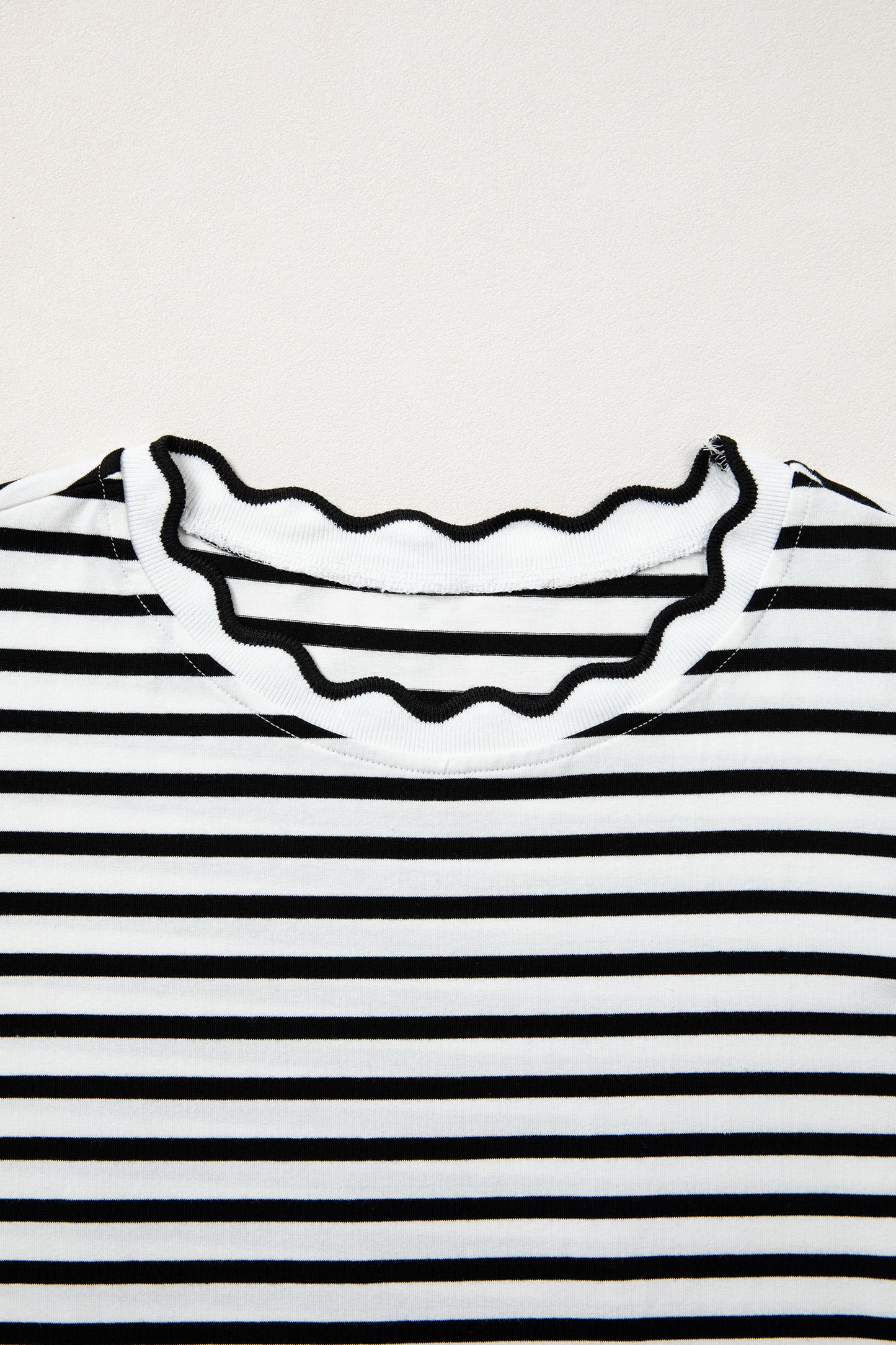 Stripe Scalloped Trim Round Neck T-Shirt