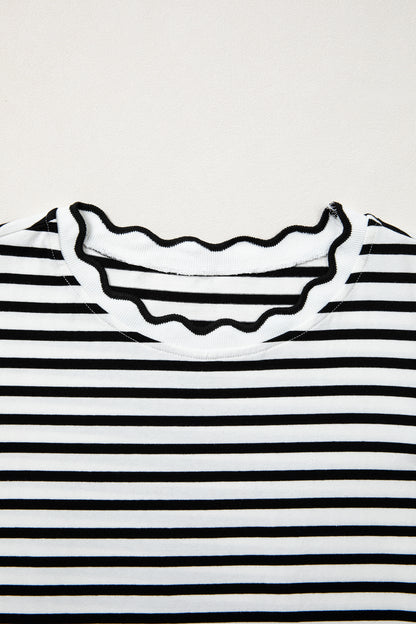 Stripe Scalloped Trim Round Neck T-Shirt