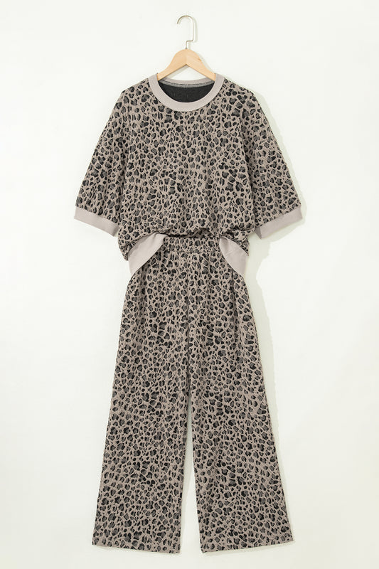 Leopard Textured Short Sleeve Jumper and Pants Set
