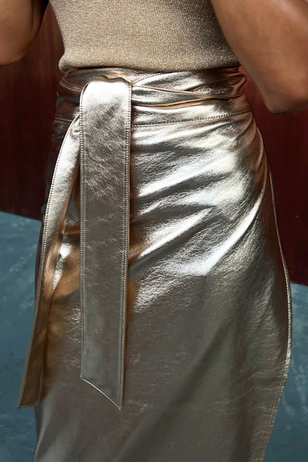 Metallic Leather Wrap Midi Skirt