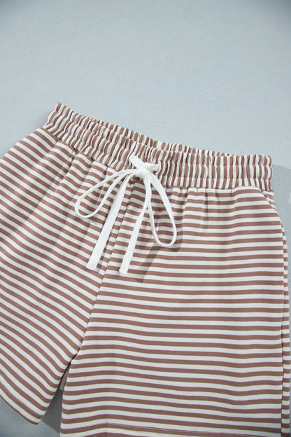 Stripe Patchwork Long Sleeve Top & Shorts Set