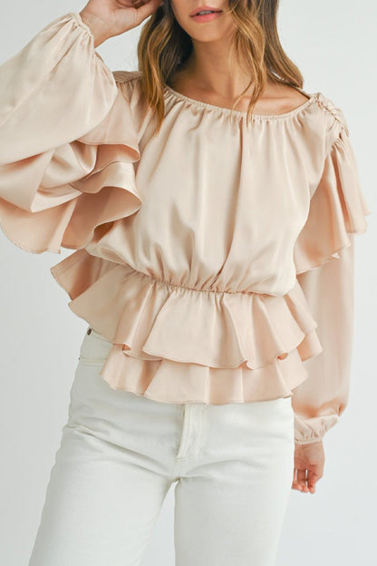 Ruffle Keyhole Back Peplum Blouse