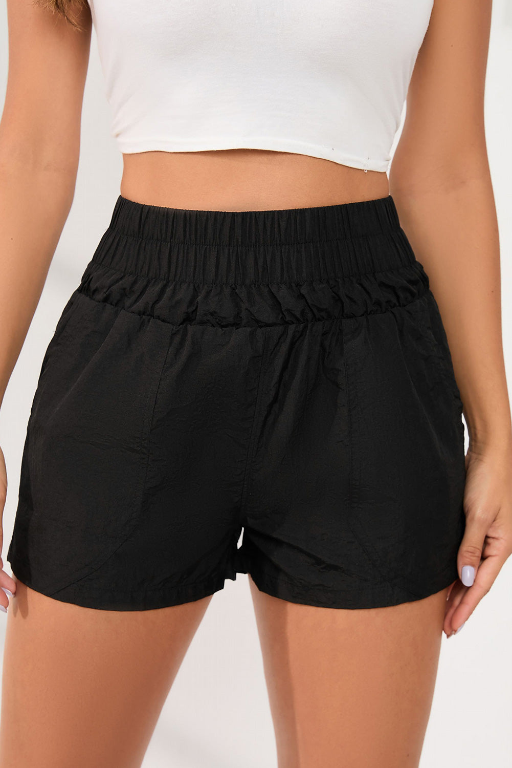 Elastic High Waist Pocketed Shorts