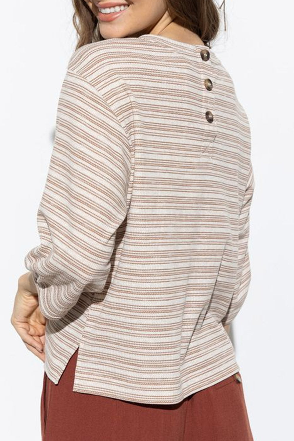 Stripe 3/4 Puff Sleeve Crewneck Top