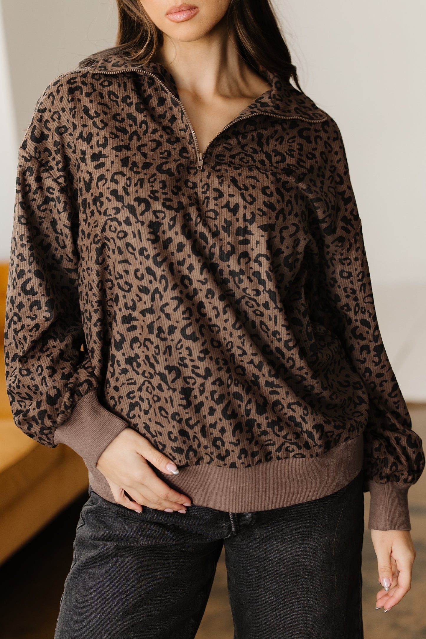 Leopard Corduroy Quarter-Zip Sweatshirt