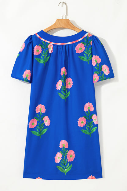 Floral Short Sleeve Split Neck Mini Dress