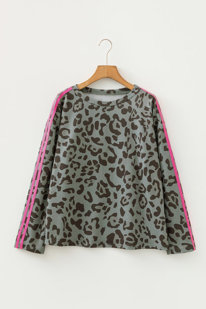 Leopard Varsity Stripe Trim Long Sleeve Top
