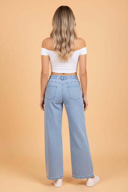 Solid Denim Square Patch Pocket Ankle Length Barrel Jeans