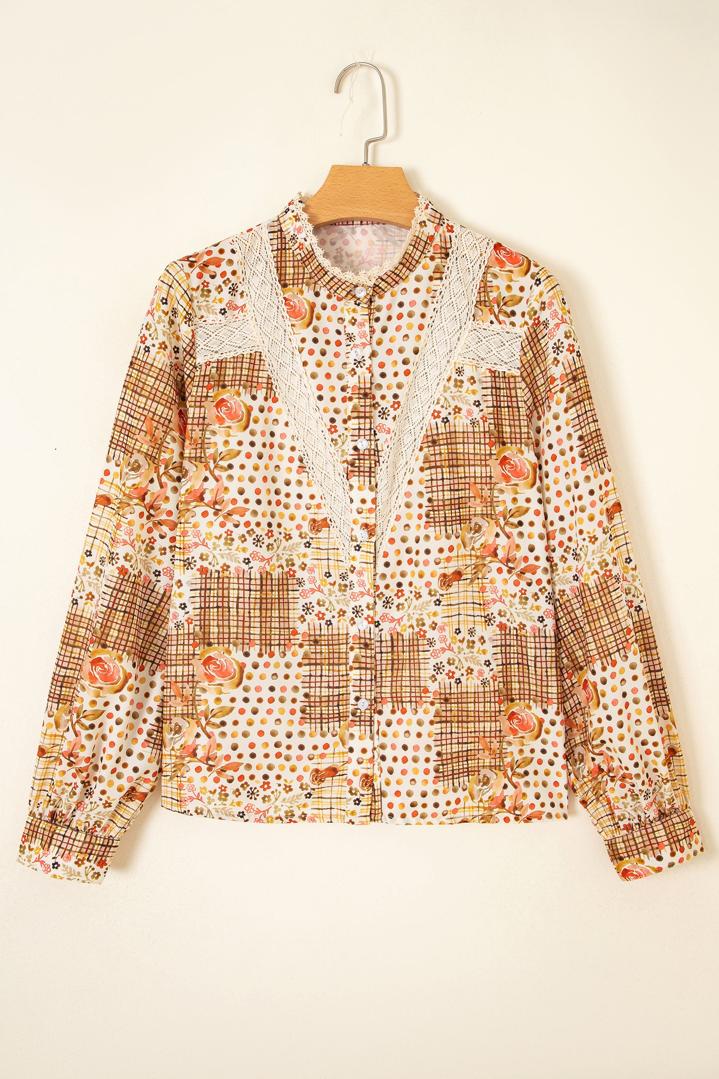 Floral Lace Trim Button Down Long Sleeve Shirt