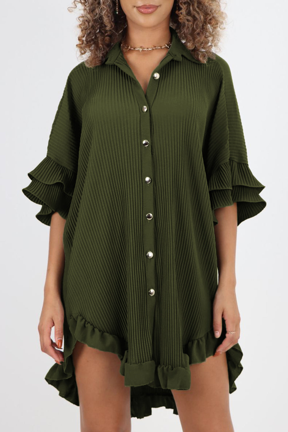 Pleated Ruffle Sleeve Shirt Dress