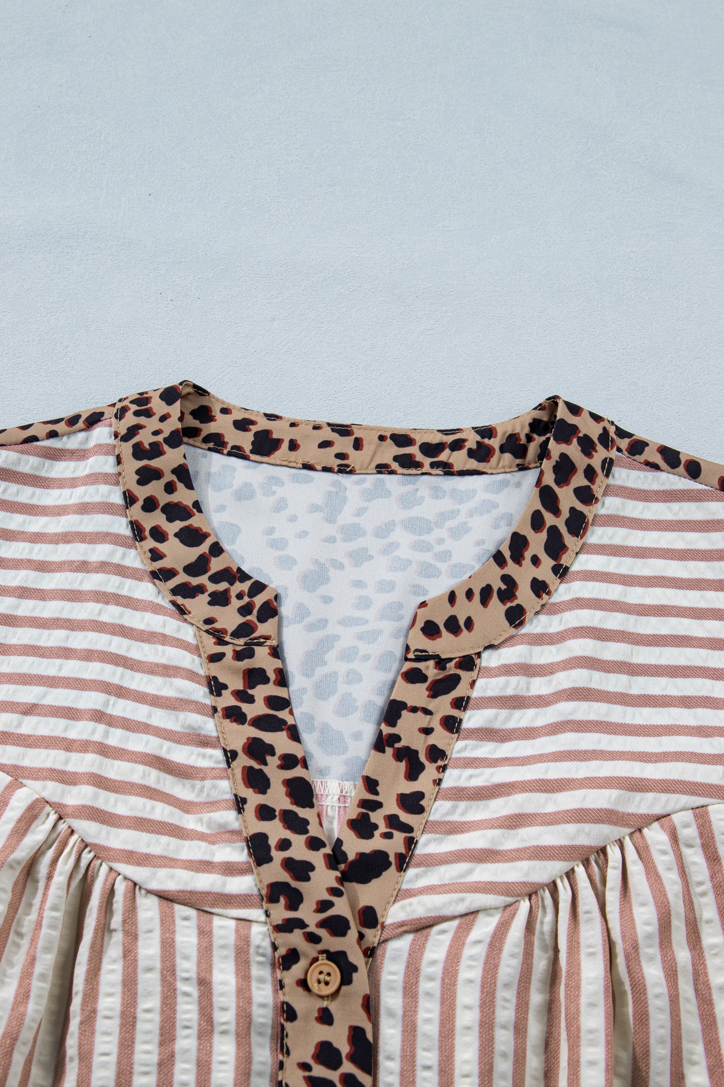Stripe Leopard Trim V-Neck Buttoned Short Sleeve Shirt