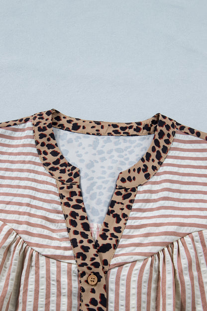 Stripe Leopard Trim V-Neck Buttoned Short Sleeve Shirt