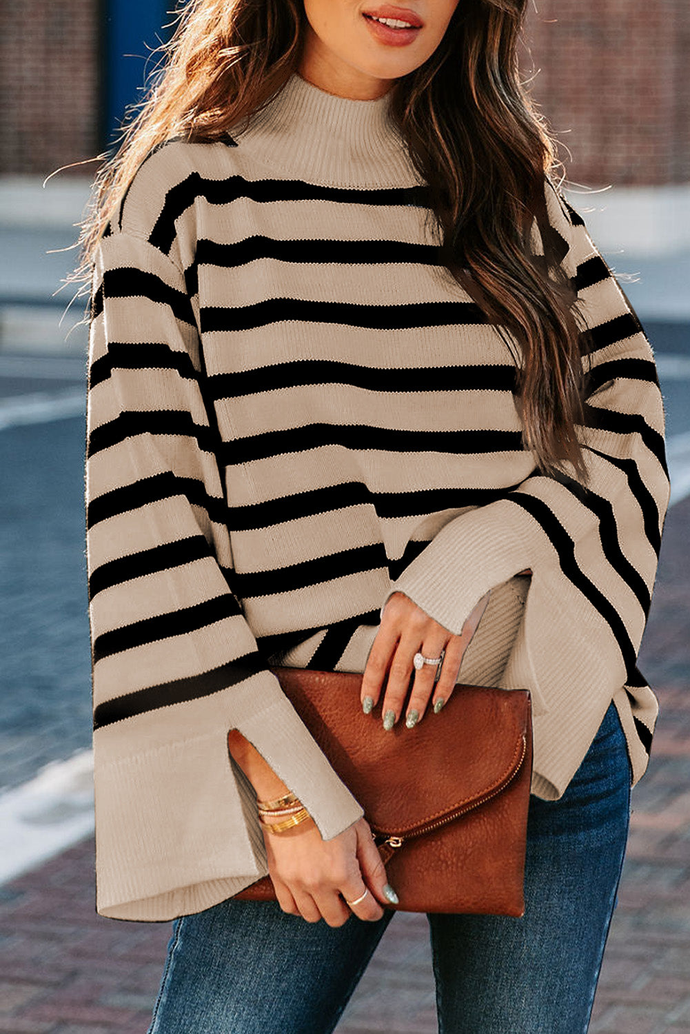 Stripe Slit Bell Sleeve Sweater