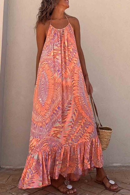 Abstract Halterneck Ruffle Maxi Dress