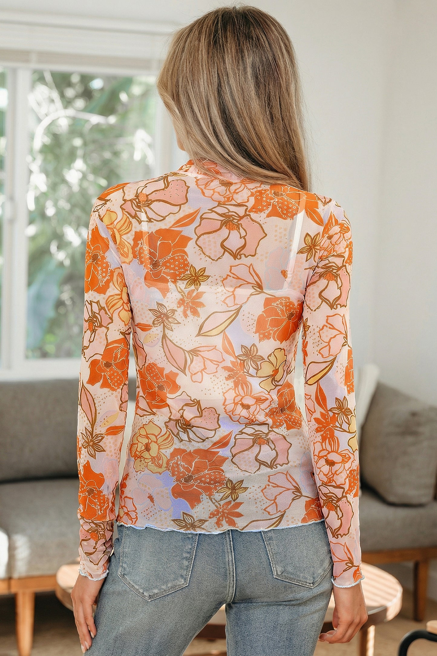 Floral Mesh Lettuce Trim Long Sleeve Top