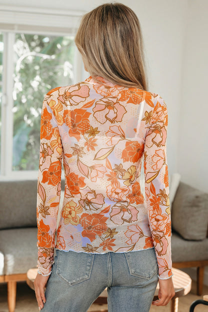Floral Mesh Lettuce Trim Long Sleeve Top