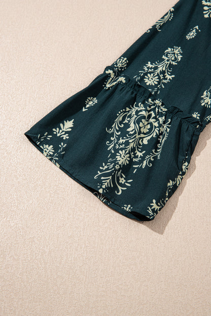 Boho Floral Lettuce Trim 3/4 Sleeve Mini Dress