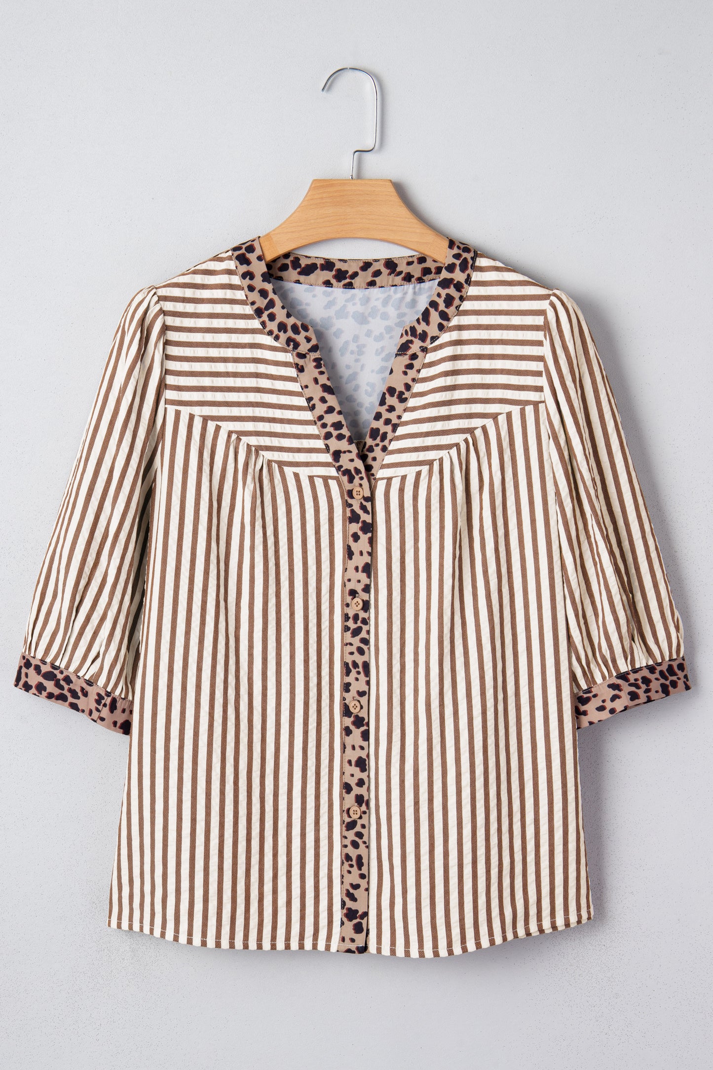 Stripe Leopard Trim V-Neck Buttoned Short Sleeve Shirt