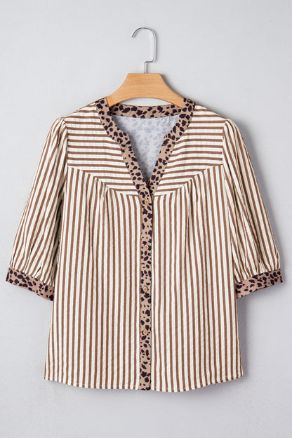 Stripe Leopard Trim V-Neck Buttoned Short Sleeve Shirt
