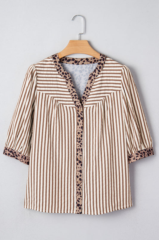 Stripe Leopard Trim V-Neck Buttoned Short Sleeve Shirt