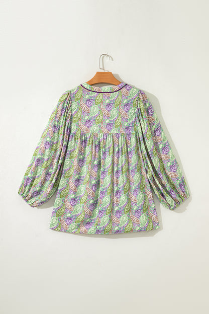 Boho Paisley Short Puff Sleeve V-Neck Blouse