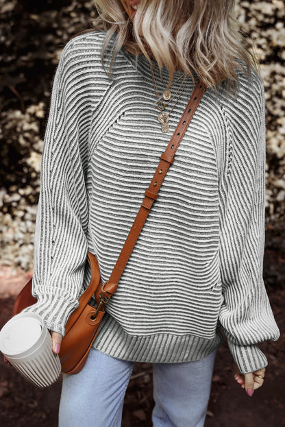 Stripe Ribbed Knit Boat Neck Sweater