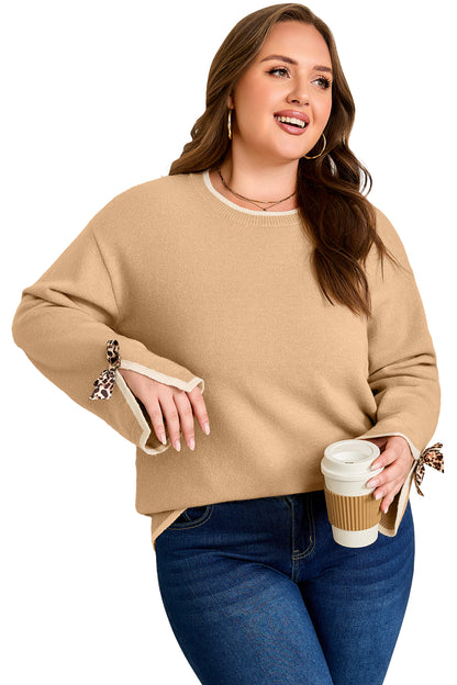 Plus Size Leopard Bow Split Cuff Sweater