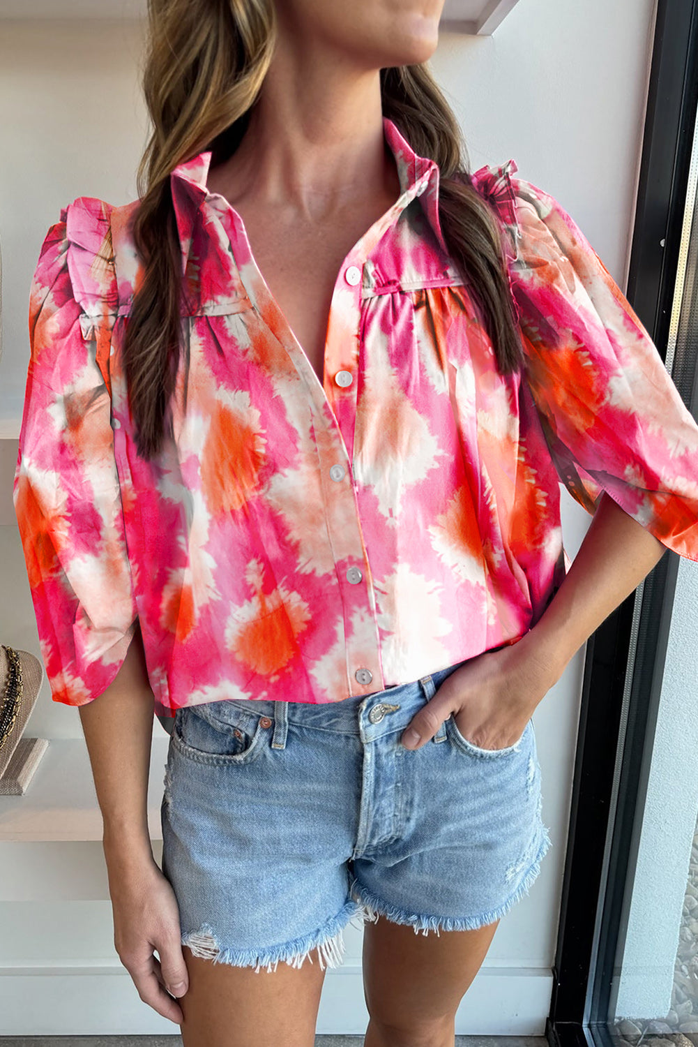 Abstract Ruffle 3/4 Sleeve Shirt