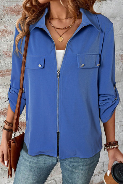 Collared Tab Sleeve Zip Up Jacket