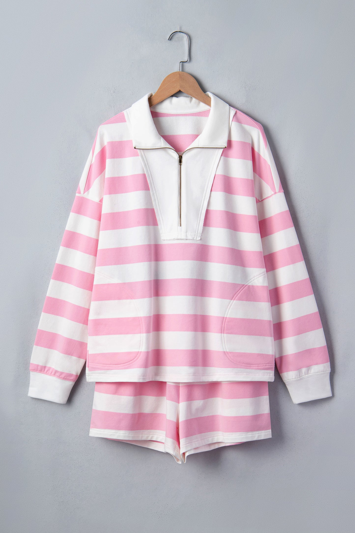 Stripe Patchwork Quarter Zip Pullover & Shorts Set