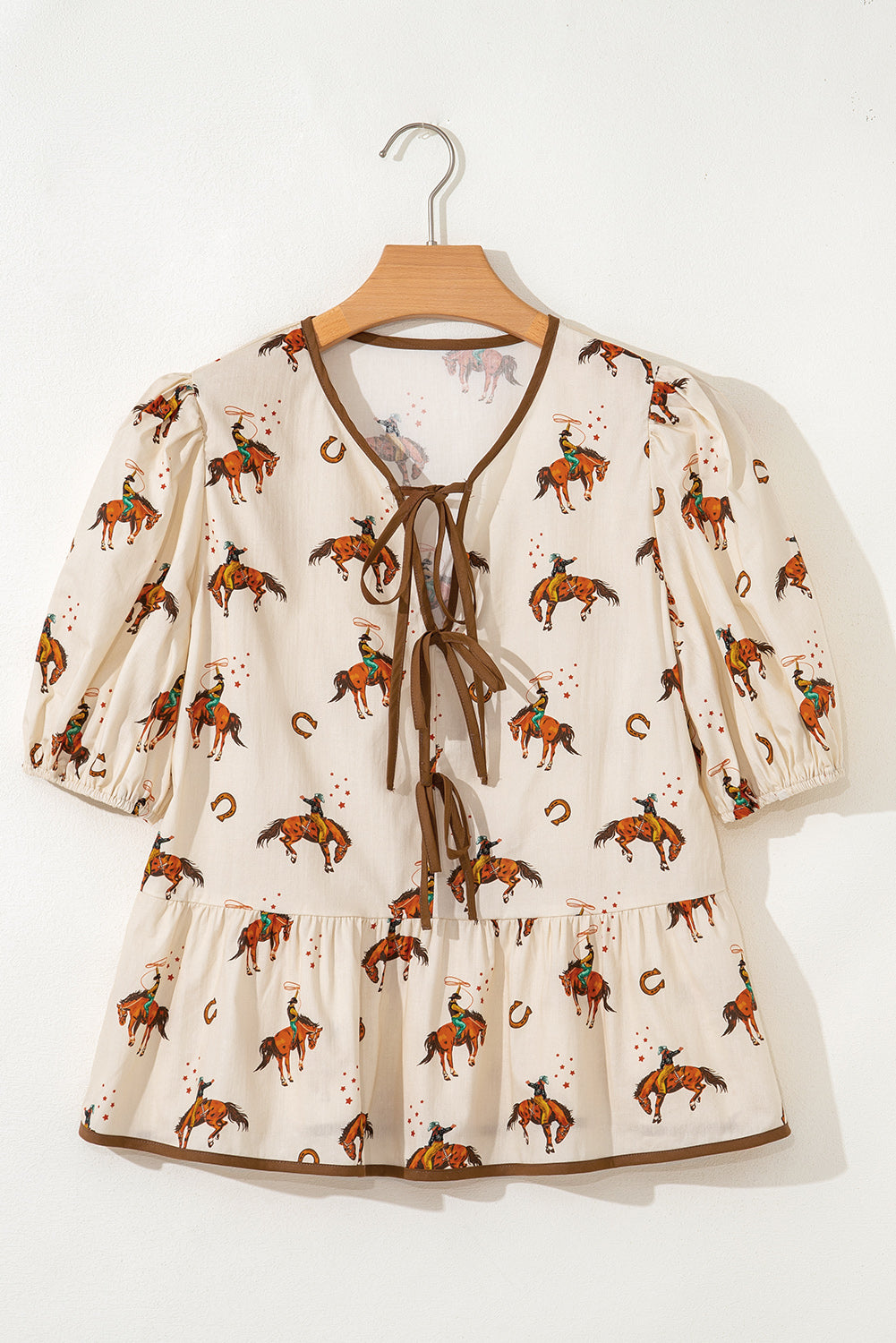 Western Cowboy Bow Tie Puff Sleeve Peplum Blouse