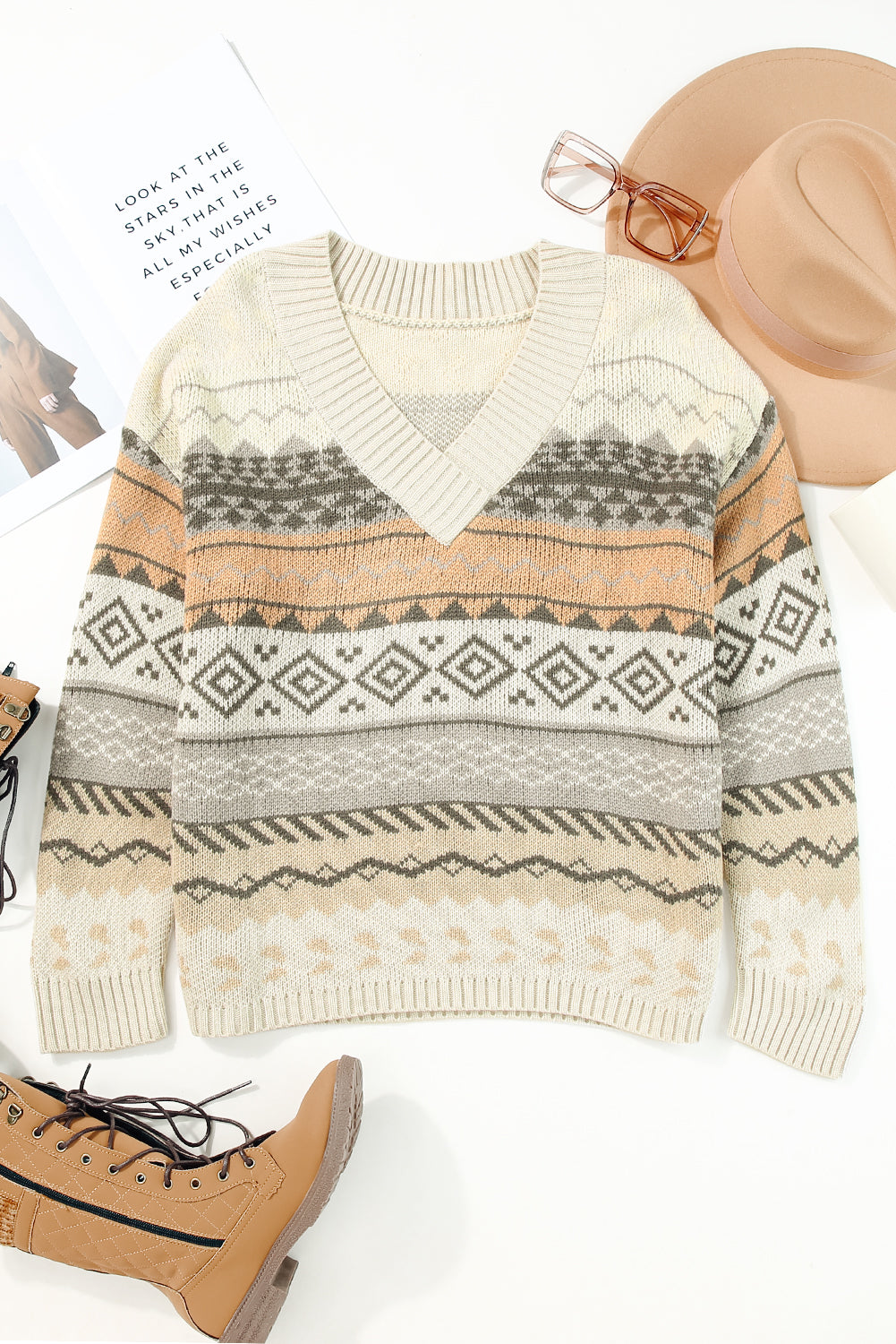 Fair Isle Ribbed V-Neck Sweater