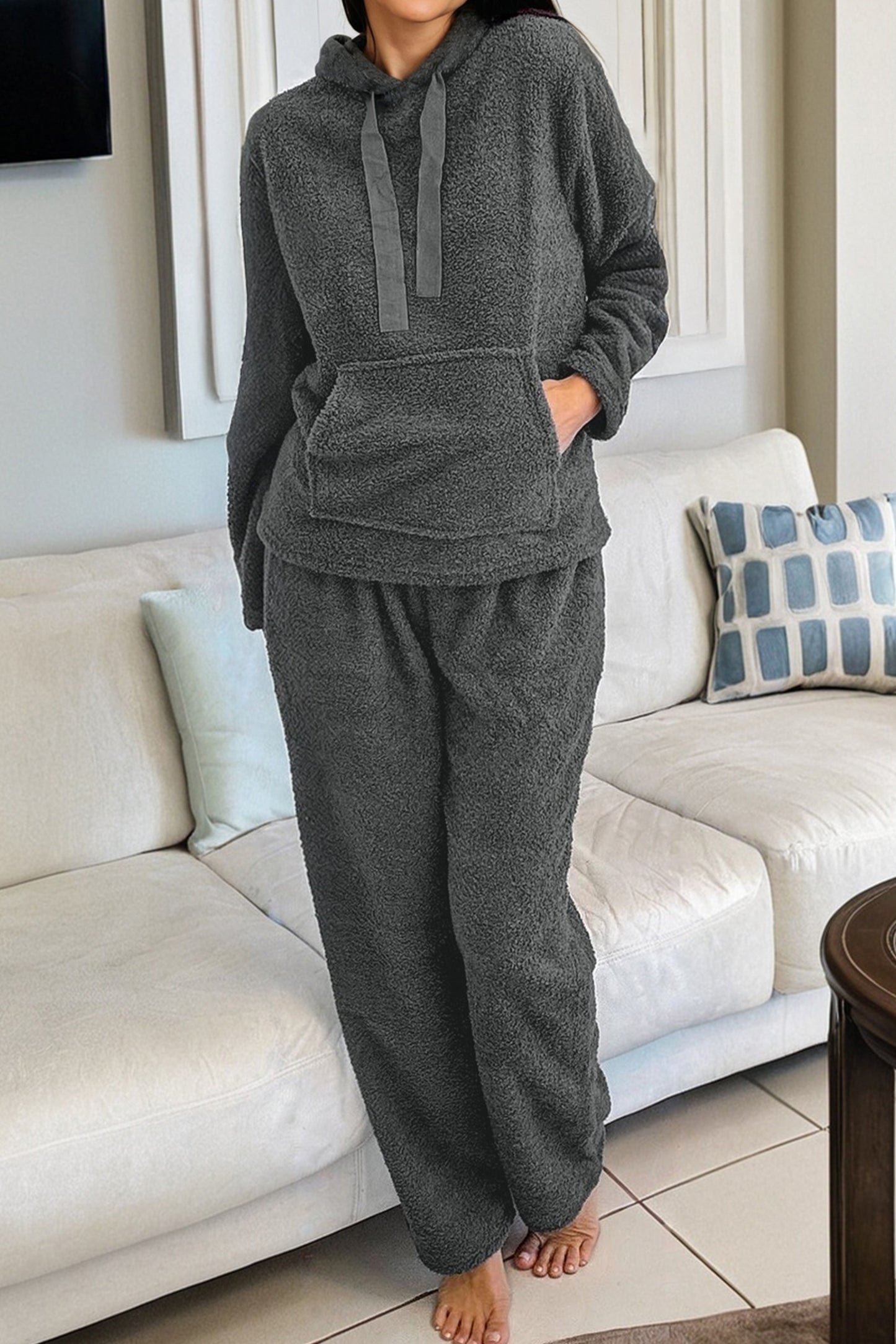 Fuzzy Drawstring Hoodie and Pants Lounge Set