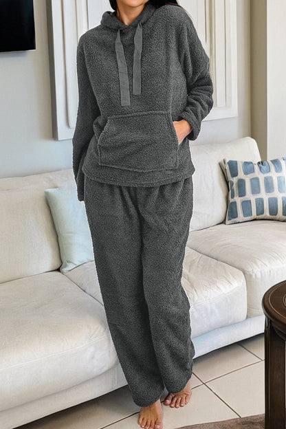 Fuzzy Drawstring Hoodie and Pants Lounge Set