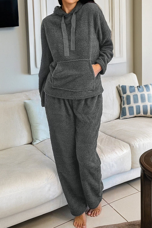 Fuzzy Drawstring Hoodie and Pants Lounge Set