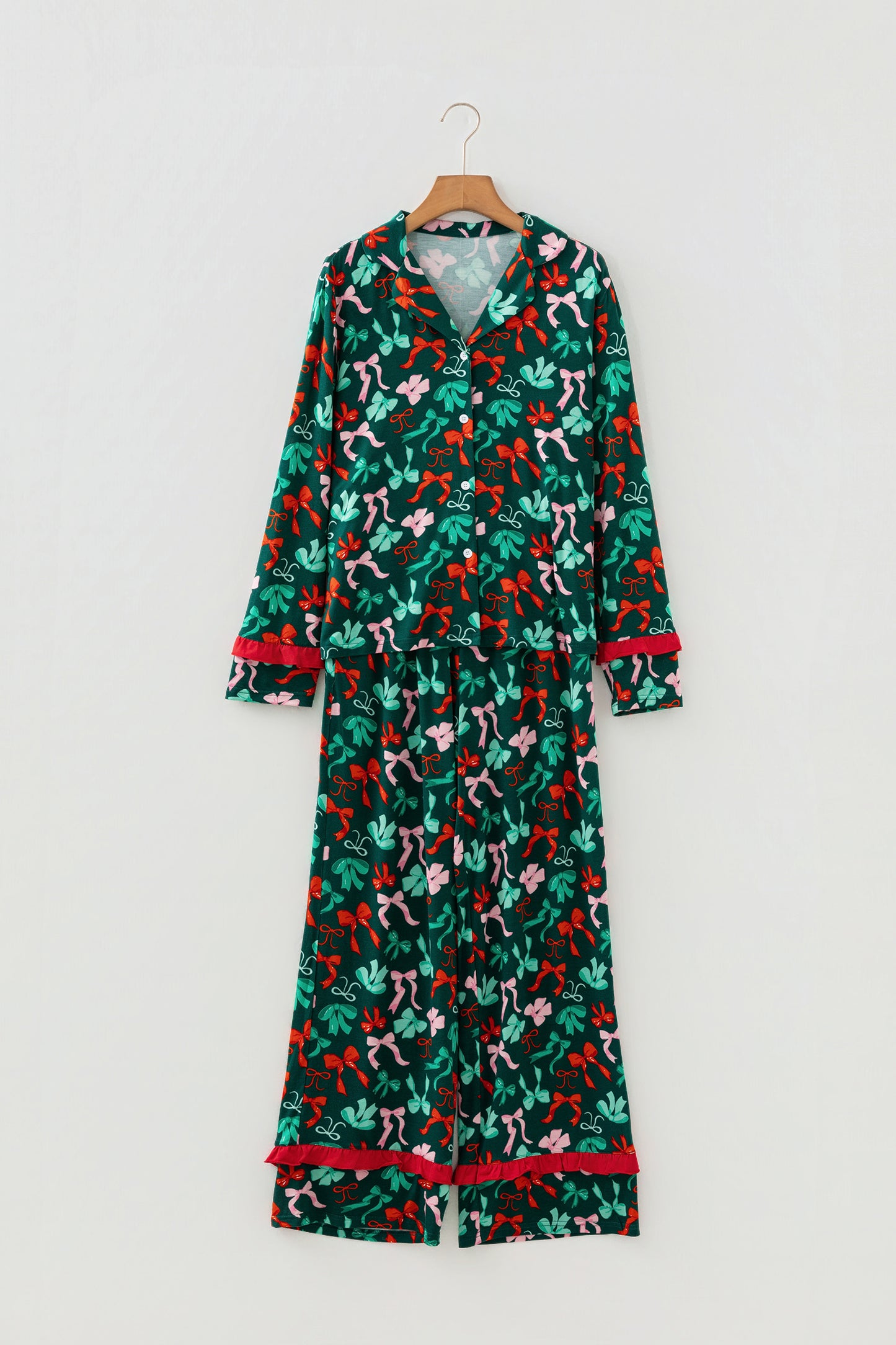 Bow Button-Up Top and Pants Pajama Set