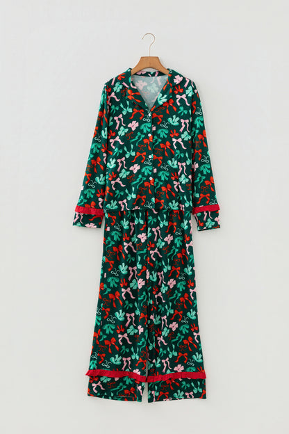 Bow Button-Up Top and Pants Pajama Set