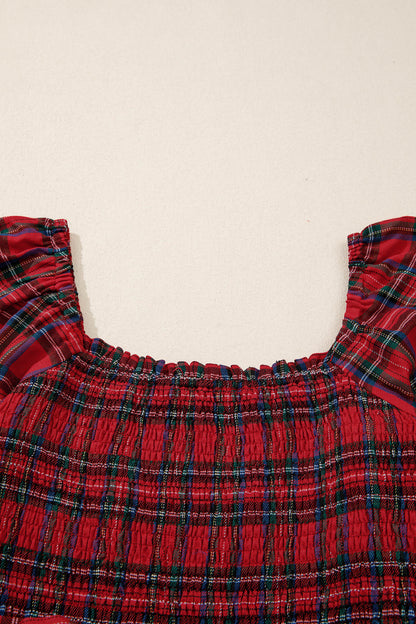 Plaid Square Neck Puff Sleeve Belted Midi Dress