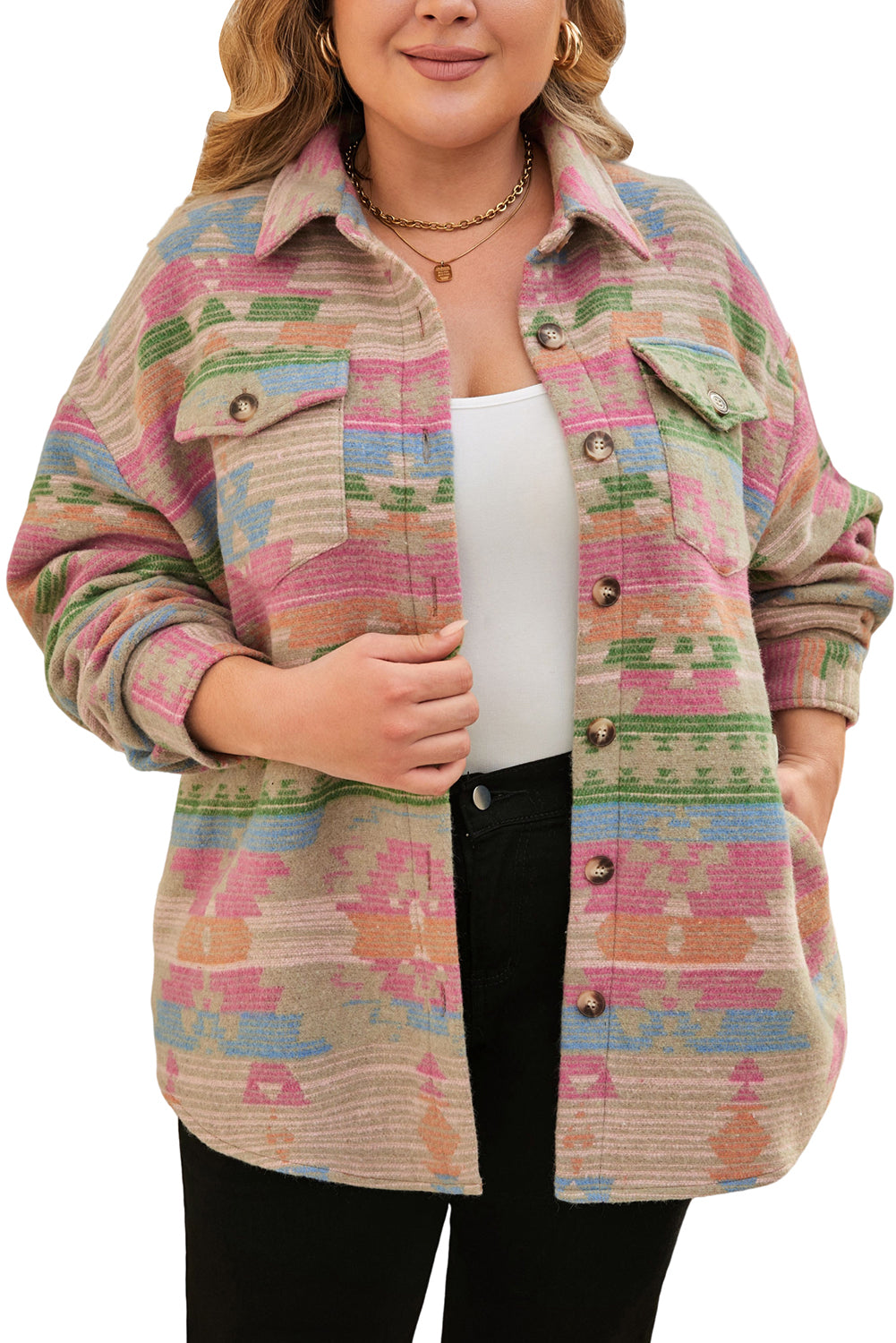 Plus Size Aztec Flap Pockets Jacket