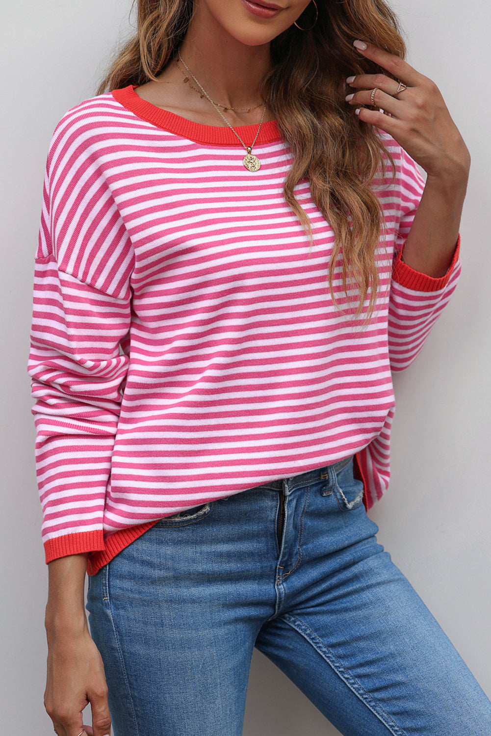 Stripe Contrast Drop Shoulder Sweater