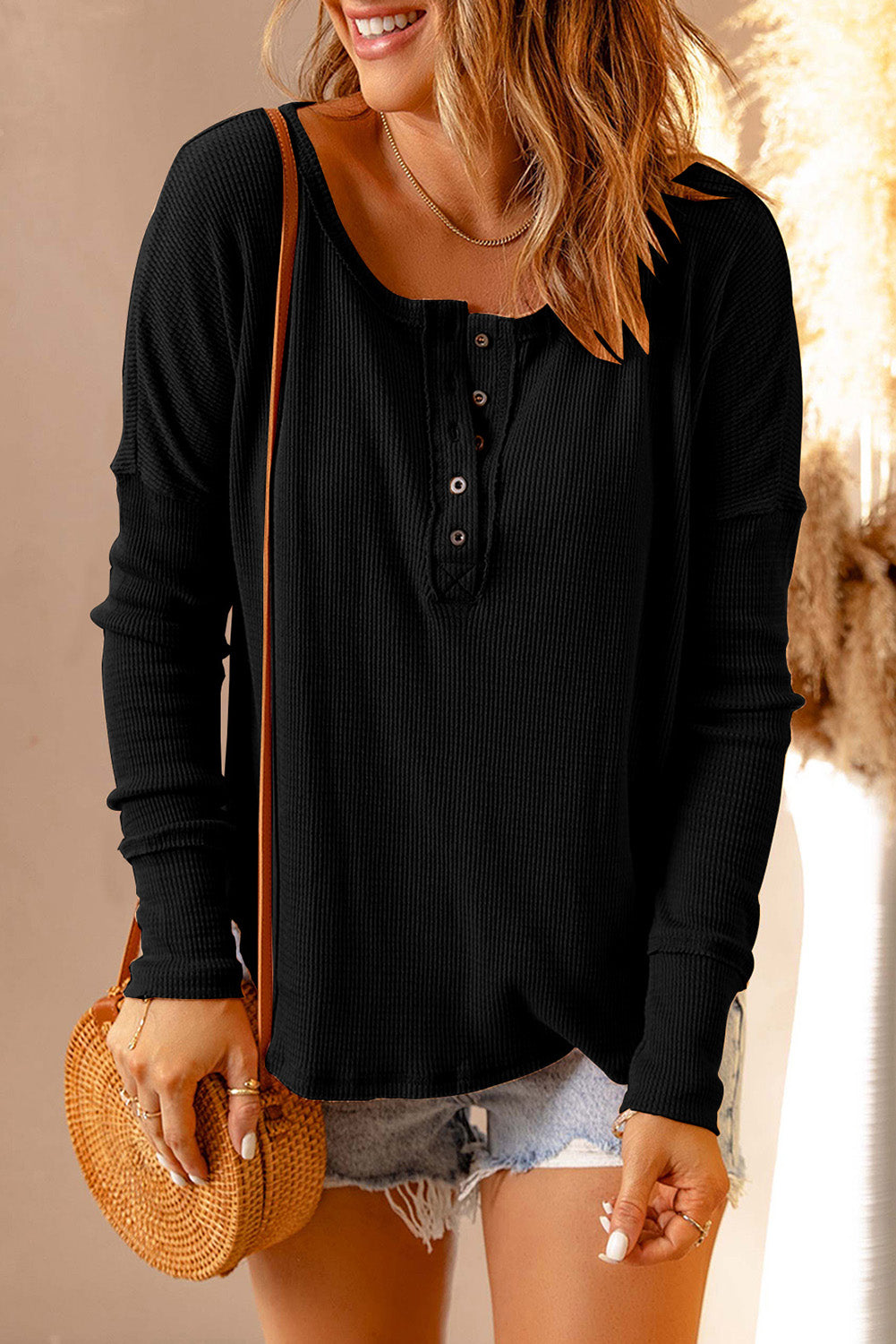 Waffle Henley Long Sleeve Top