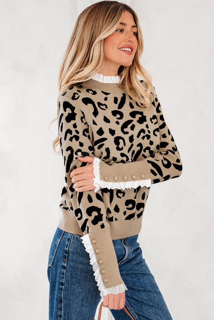 Leopard Lace Ribbed Trim Buttoned Cuff Sweater