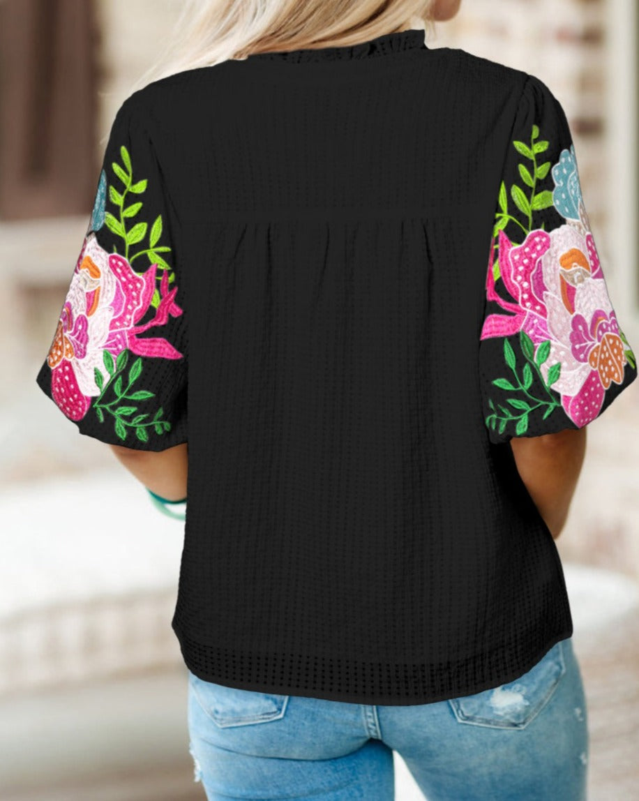 Floral Embroidered Puff Sleeve Blouse