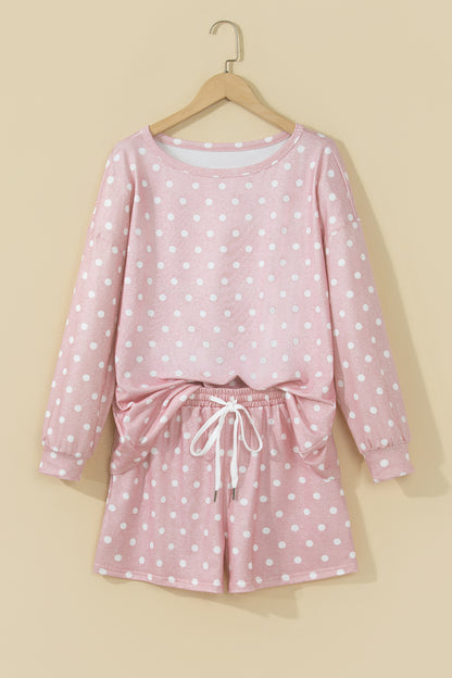 Polka Dot Long Sleeve Top & Drawstring Shorts Set