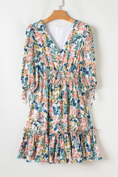 Floral 3/4 Sleeve V-Neck High Waist Ruffle Dress
