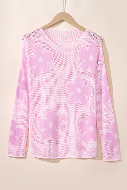 Floral Hollowed Knit Drop Shoulder Pullover Sweater